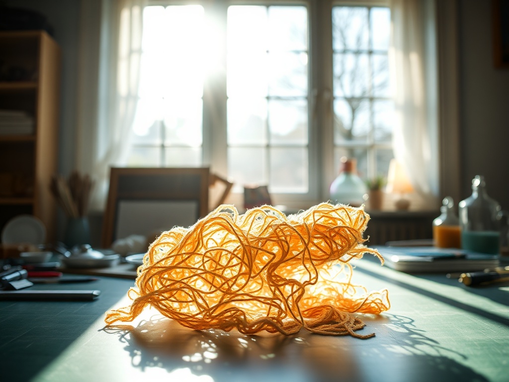 craft table near a bright window with natural sunlight illuminating a handmade project, highlighting textures and details