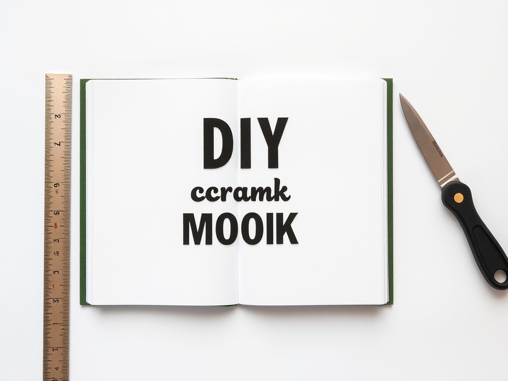 flat lay of a DIY scrapbook with perfectly aligned elements, ruler and craft knife nearby