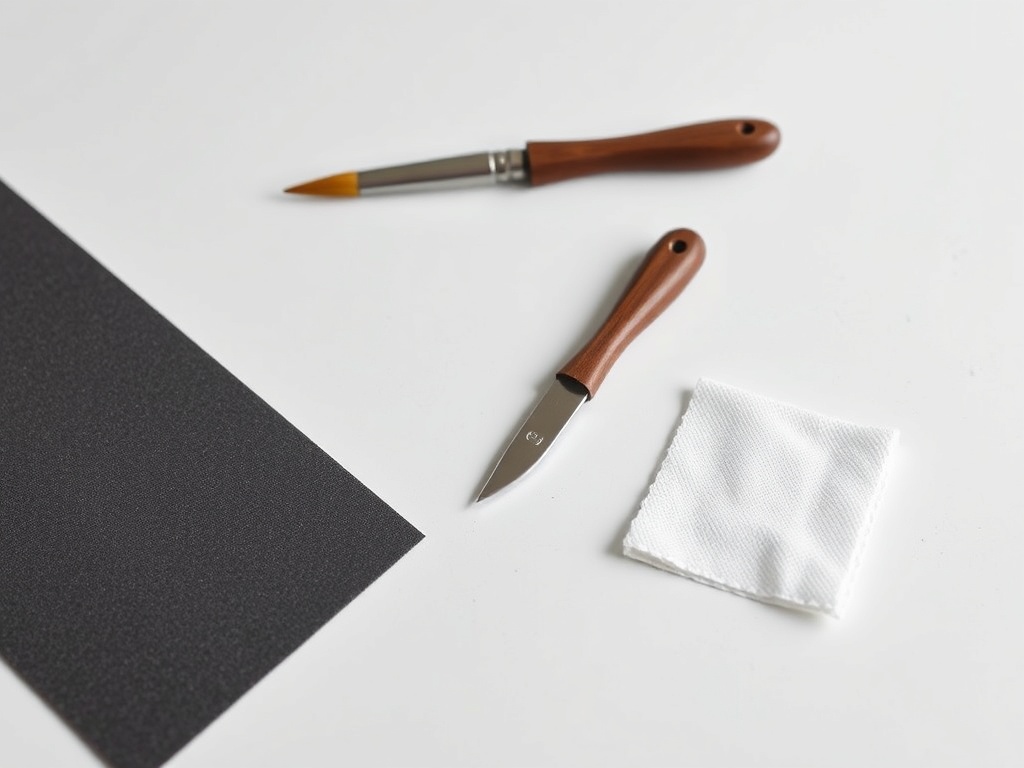 minimalist set of craft finishing tools including sandpaper, precision knife, small brushes and microfiber cloth on a clean surface