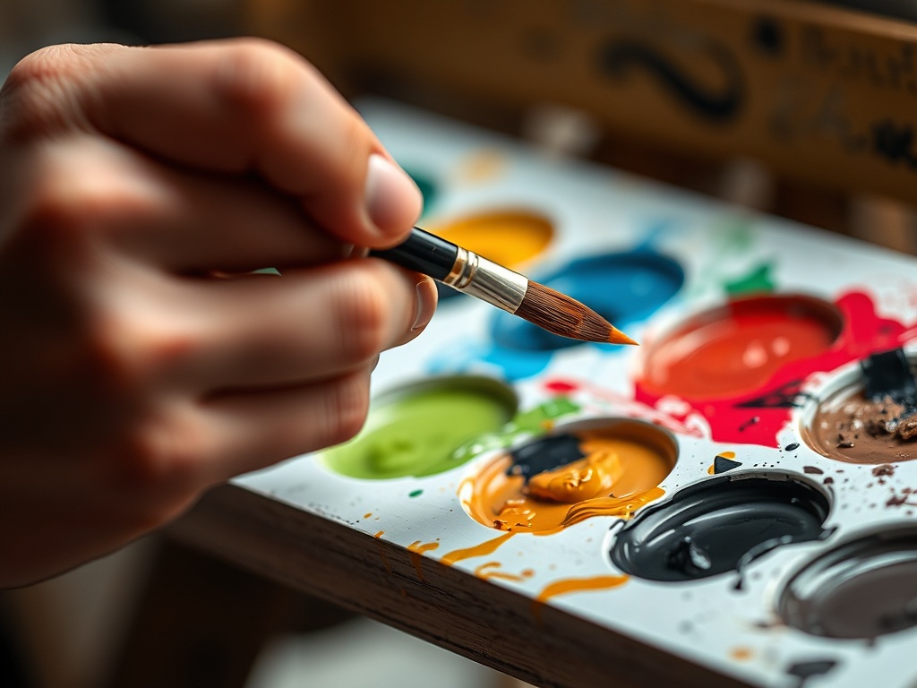 A close-up of an artist's hand holding a paintbrush, with paint on the palette