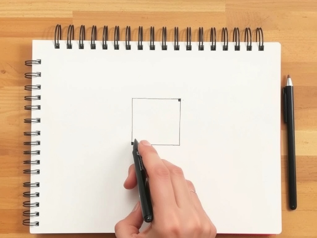 A hand sketching a simple geometric shape in a sketchbook