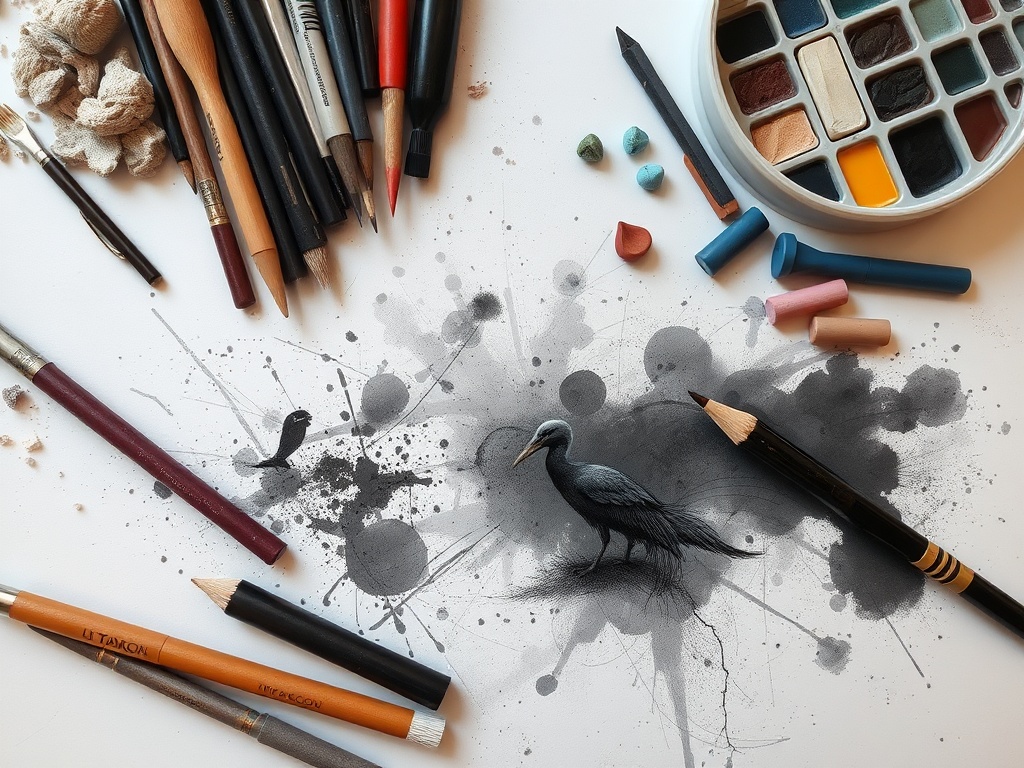 An artist mixing various art supplies such as charcoal, pastels, and digital tools