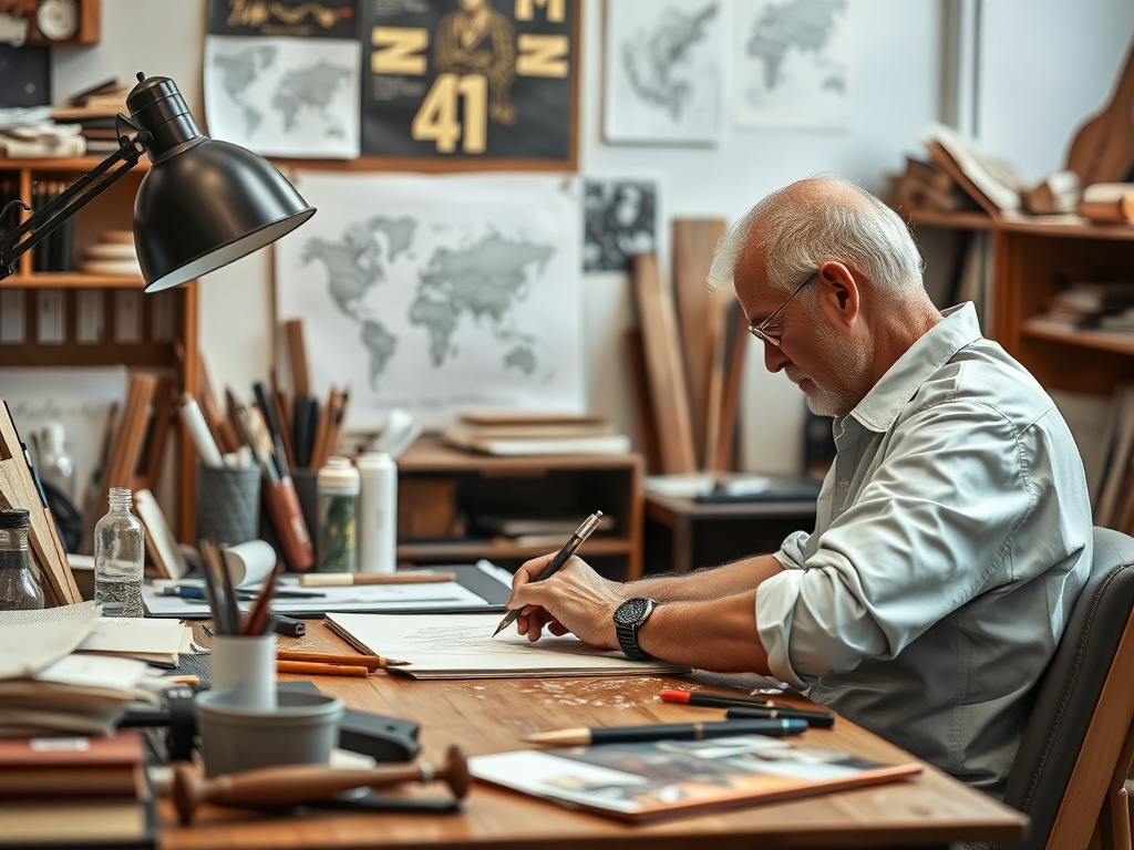 An artist sketching at a desk, surrounded by materials