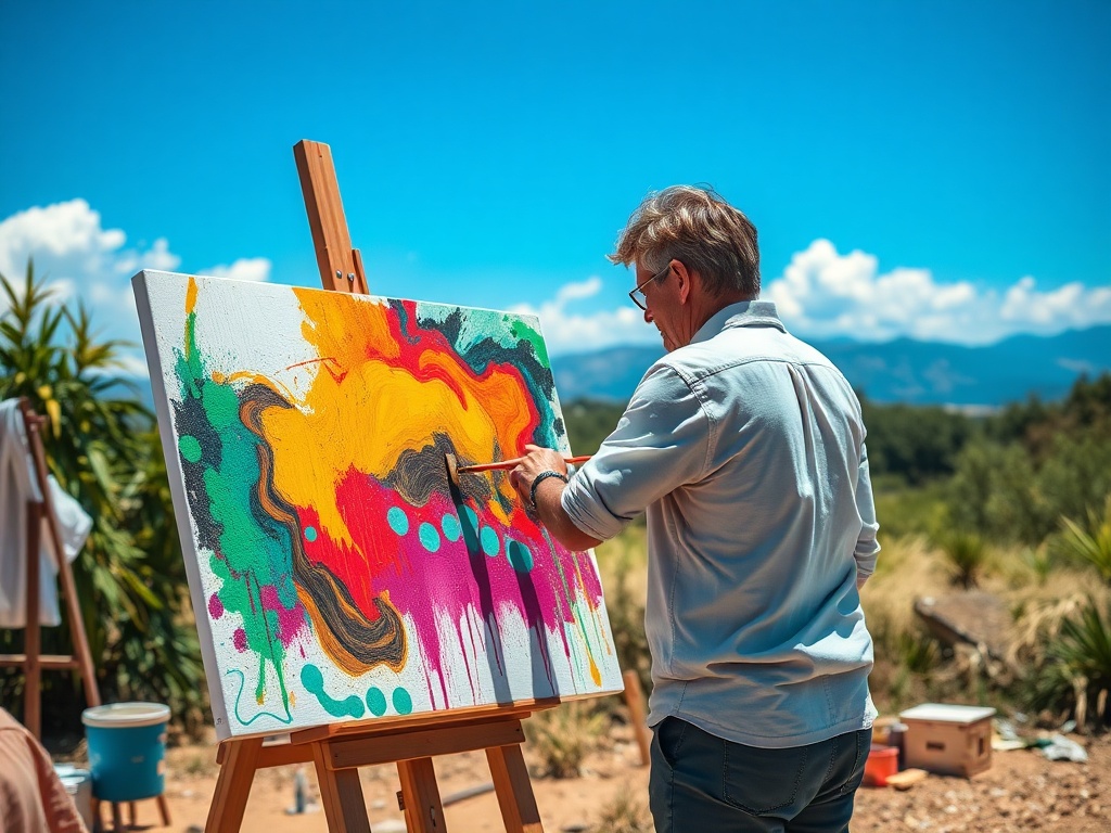 An artist working on a canvas, vibrant colors and natural lighting