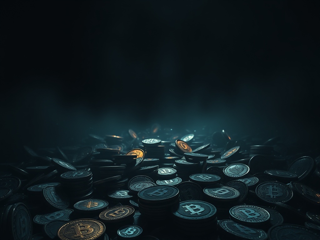 abandoned digital coins fading into darkness symbolizing failed crypto projects