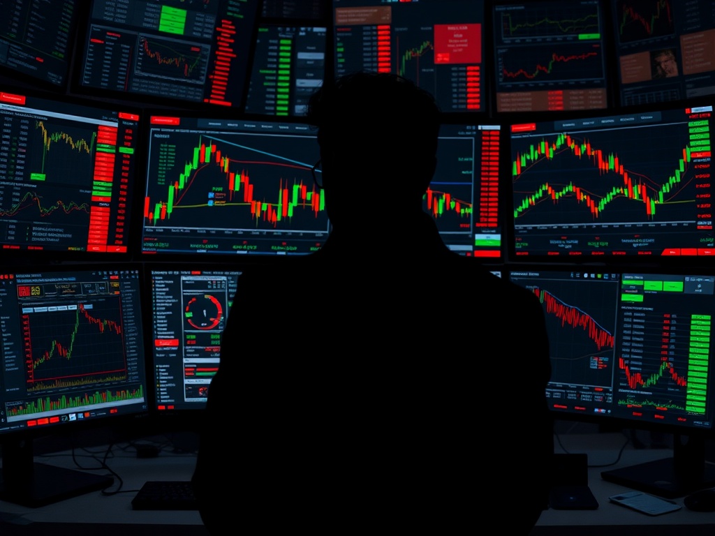cluttered trading screens with chaotic charts and stressed trader silhouette