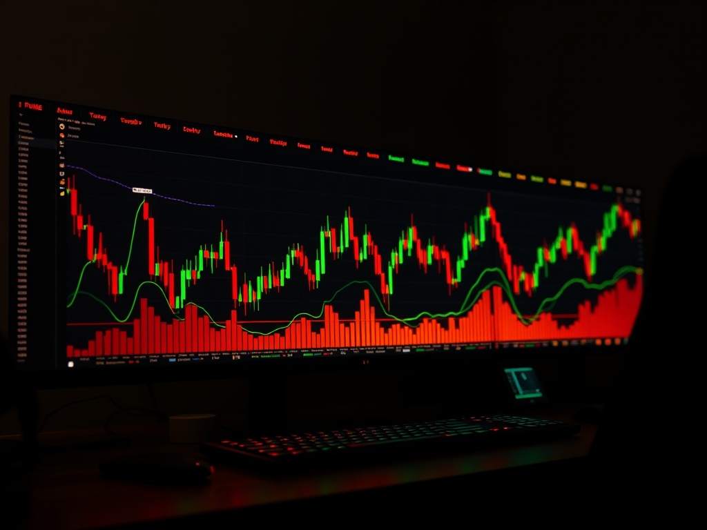 dark trading desk with glowing crypto charts, intense red and green candles, dramatic lighting
