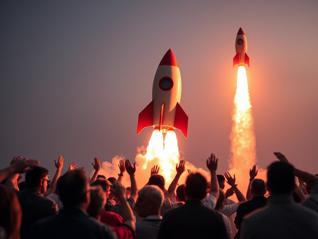 rocket launching with crowd chasing behind symbolizing FOMO buying behavior