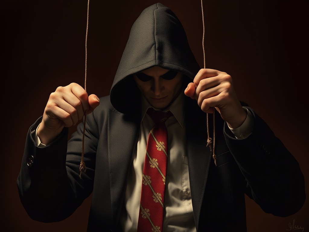 shadowy influencer figure with puppet strings controlling traders, metaphorical scene