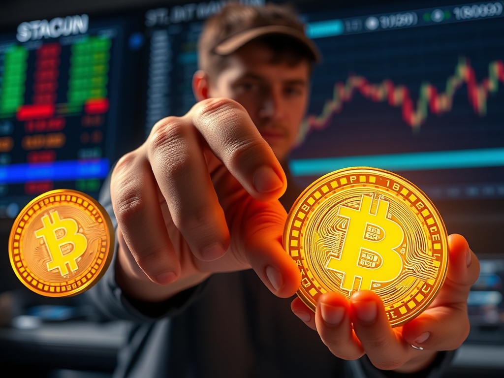 trader holding glowing stablecoin tokens ready to deploy into market dips