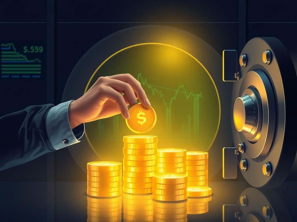 trader securing profits with glowing coins being moved into a vault, symbolic image