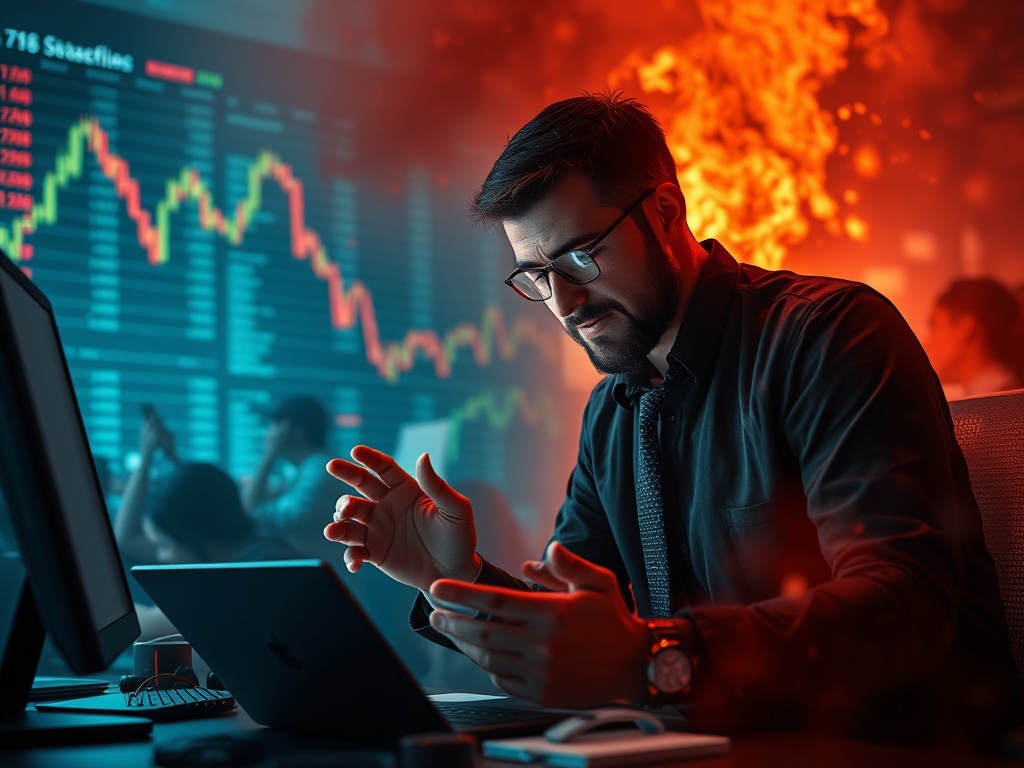 a crypto trader calmly buying during a market crash while others panic sell, contrast scene