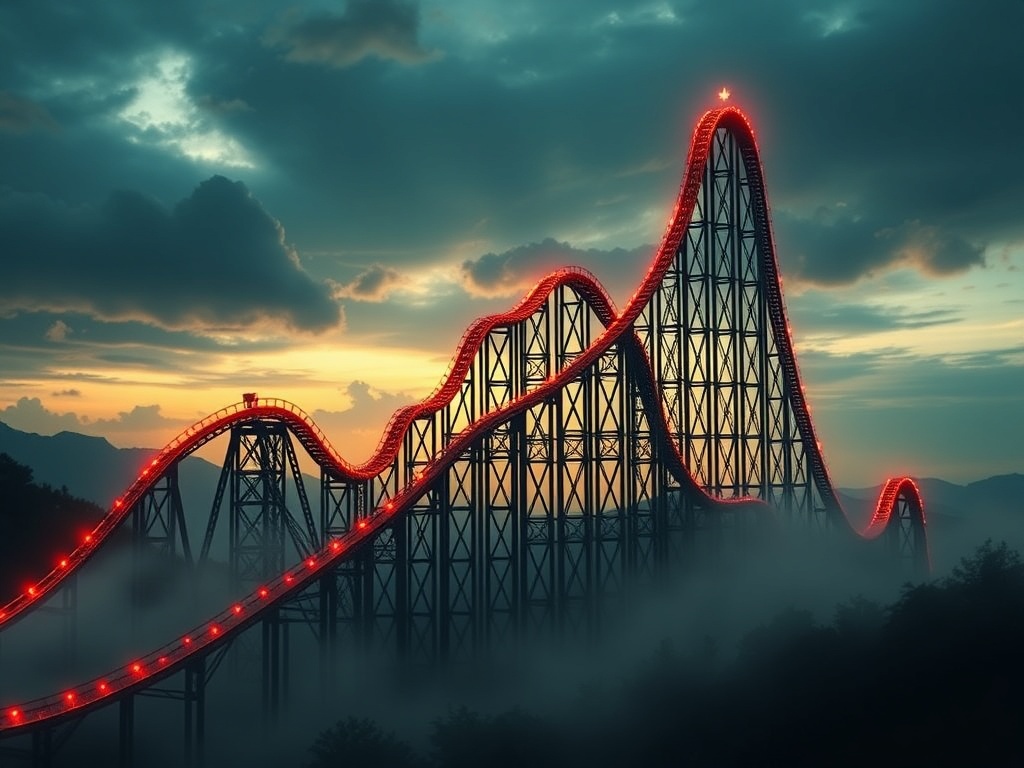 a rollercoaster shaped like a bitcoin chart with extreme ups and downs, dramatic perspective
