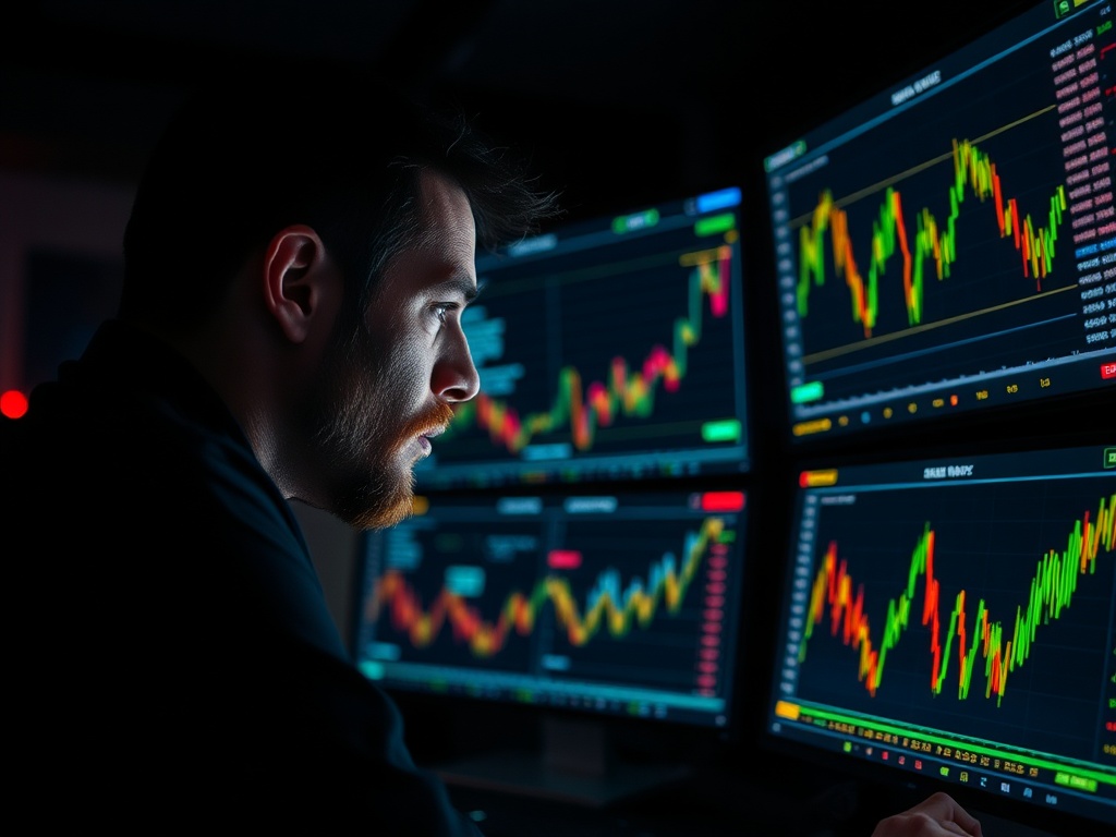 a trader staring at multiple crypto charts glowing in a dark room, intense focus, cyberpunk atmosphere