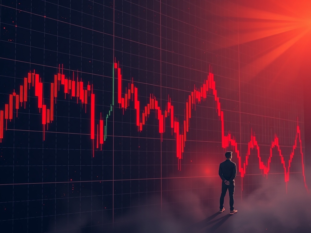 bitcoin price chart crashing dramatically with red candles and a lone trader watching nervously