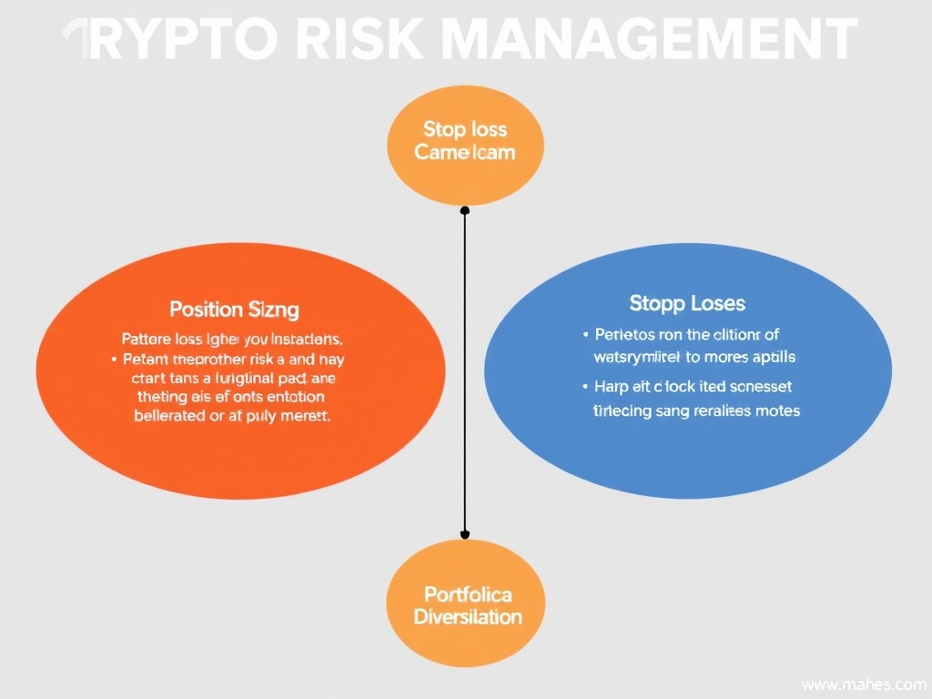 A detailed diagram showing crypto risk management strategies such as stop loss, position sizing, and portfolio diversification.