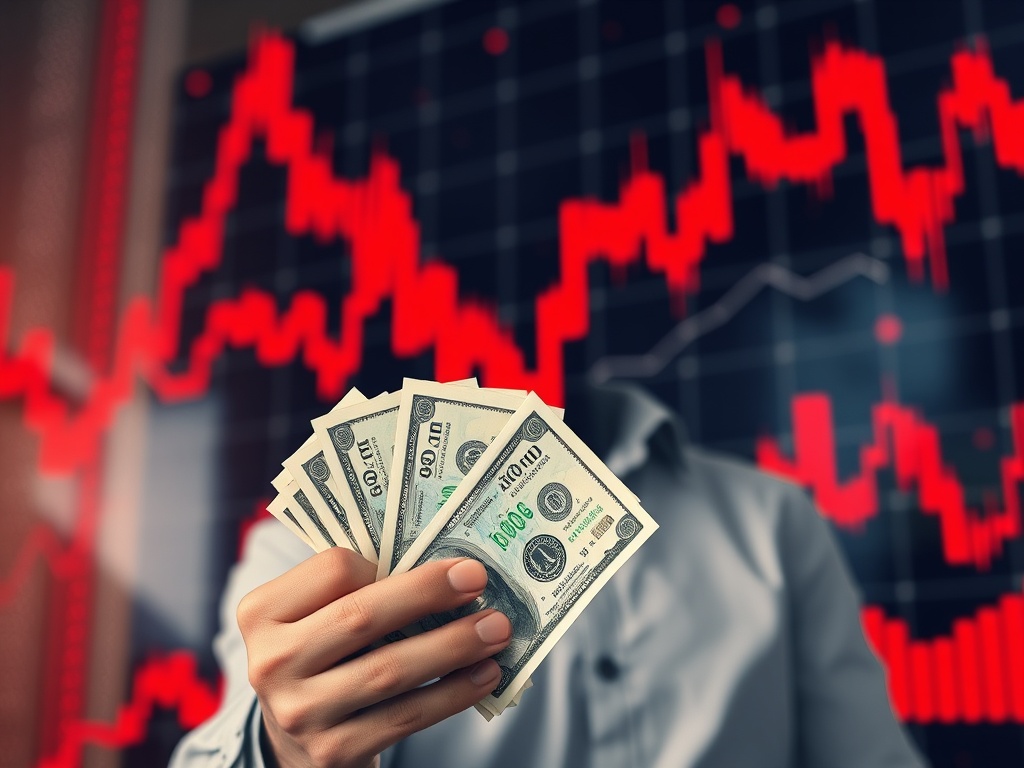 a calm investor holding cash while chaotic red crypto charts crash in the background