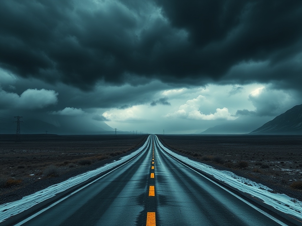 a long road through a storm representing surviving crypto market cycles with resilience