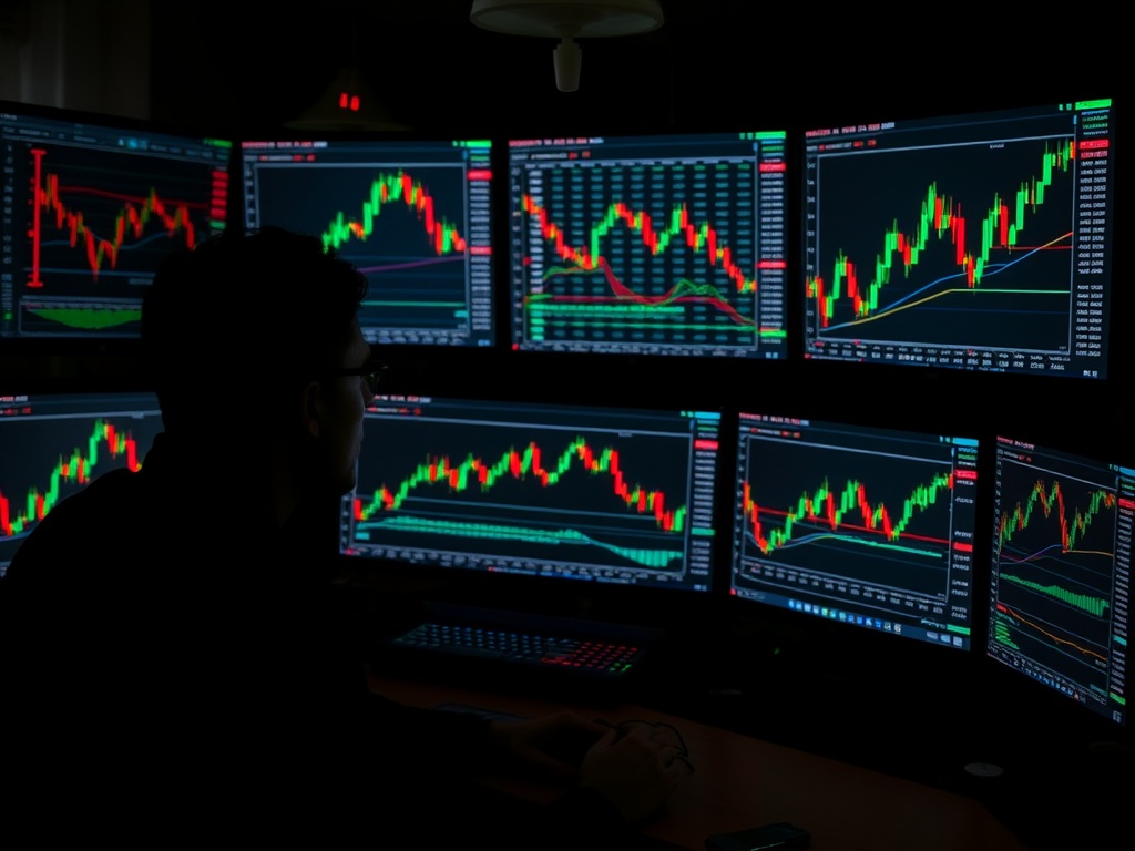 a trader staring at multiple screens showing volatile crypto charts in a dark room with glowing red and green candles