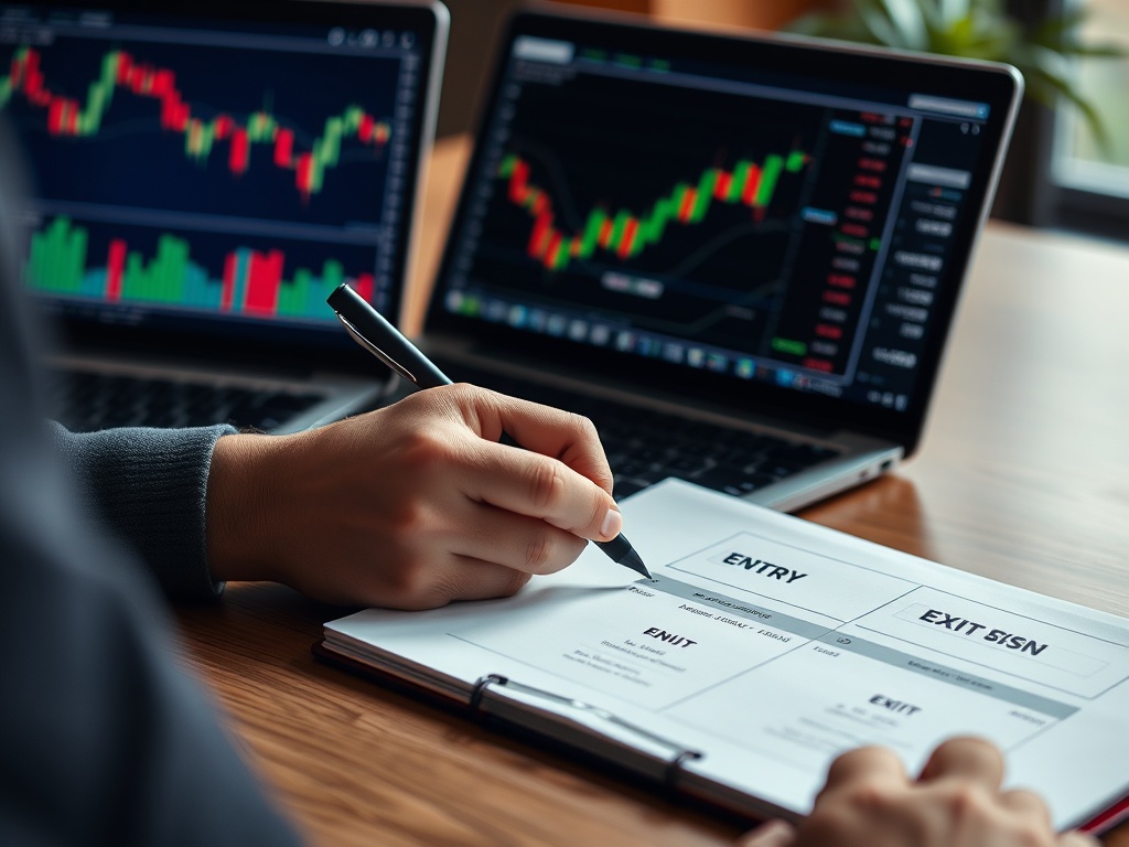 a trader writing a plan on a notebook with entry and exit points next to a laptop showing charts