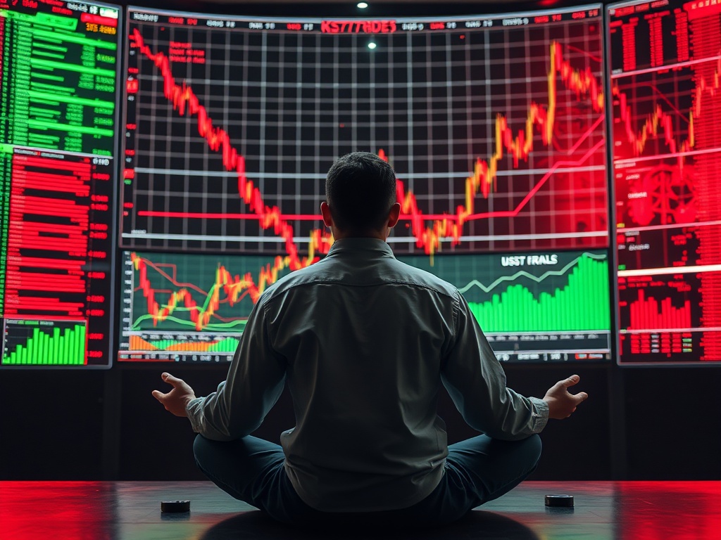 a calm trader meditating in front of stable green charts contrasted with chaotic red charts around