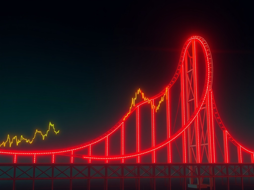 a rollercoaster chart showing crypto price rising rapidly then crashing dramatically, glowing red and green lines