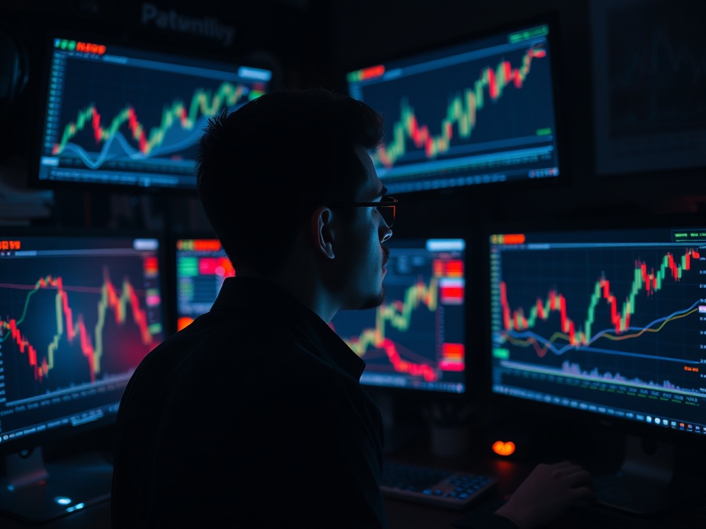 a trader staring at multiple crypto charts on glowing screens in a dark room, neon lights, intense focus