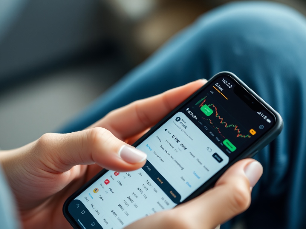 A close-up of a person using a portfolio tracker app on their phone, with crypto charts visible on the screen