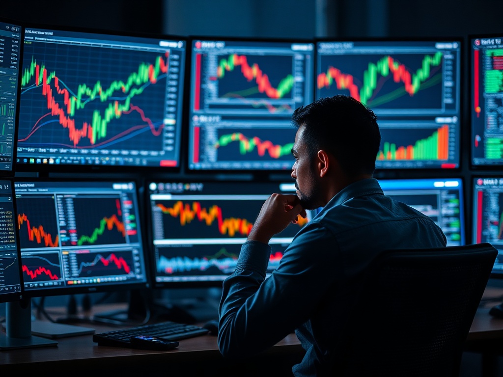 A dramatic image of a trader sitting in front of multiple monitors displaying charts, deep in thought about risk management in crypto