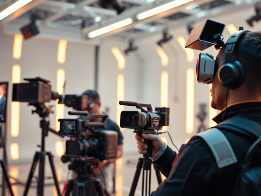 A futuristic film set with advanced technology, including virtual reality headsets and high-tech cameras, showcasing the cutting-edge potential of film and television.