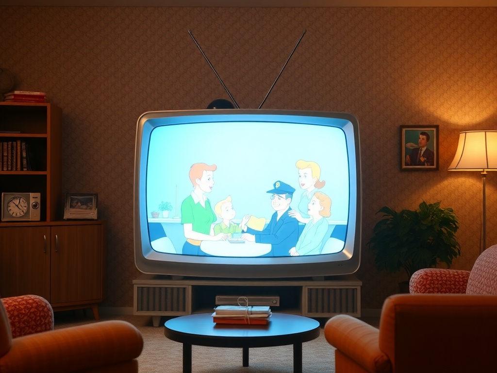 A retro 1950s living room with a television set playing a popular sitcom from the era, evoking the rise of TV in the mid-20th century.