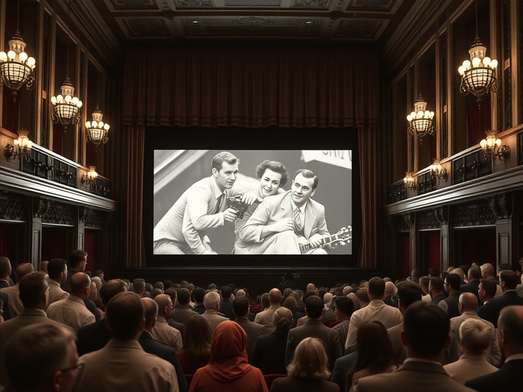 A vintage movie theater, filled with patrons, showcasing a classic black-and-white film on the big screen, emphasizing the early days of cinema. A bustling atmosphere with people dressed in period-appropriate attire, capturing the essence of the golden age of film.