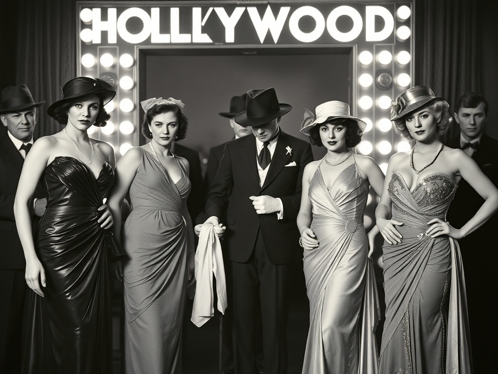 An iconic black-and-white shot from the 1920s, featuring the first-ever Hollywood film stars in glamorous outfits, evoking the golden age of cinema.