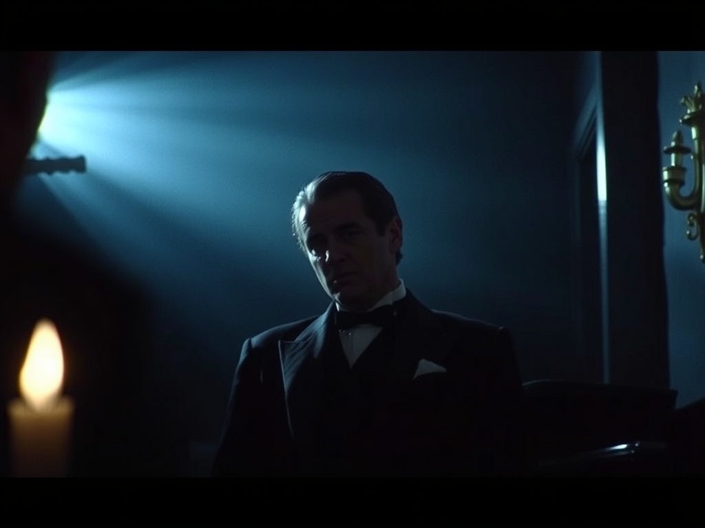 A dark and moody scene from The Godfather, featuring Marlon Brando as Don Vito Corleone