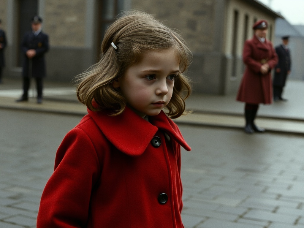 A solemn scene from Schindler's List, featuring a young girl in the iconic red coat