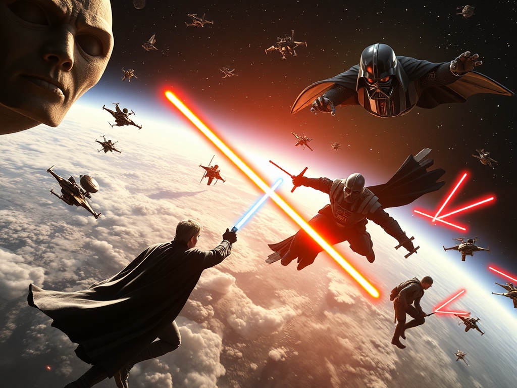 A space battle scene from Star Wars, featuring iconic characters like Luke Skywalker and Darth Vader