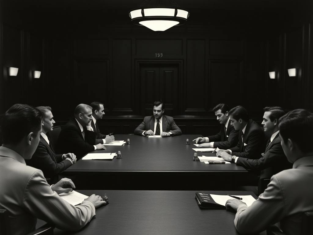 The jury room scene from 12 Angry Men, showcasing intense dialogue between jurors