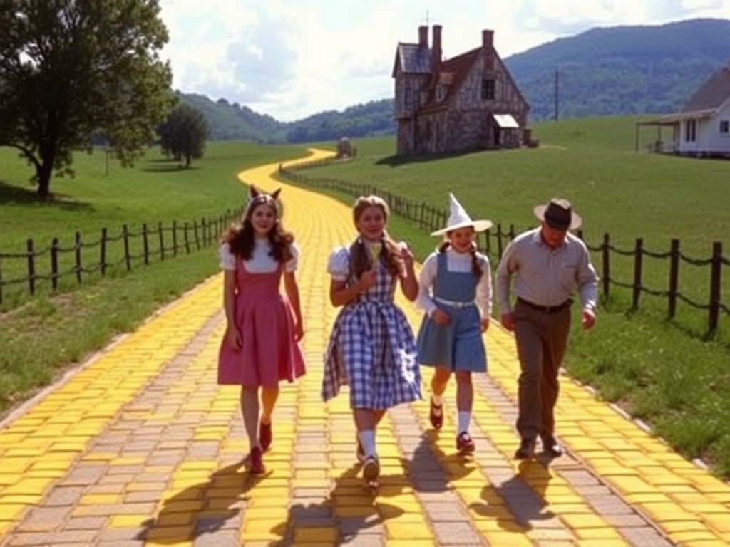 The yellow brick road scene from The Wizard of Oz, with Dorothy and her companions walking