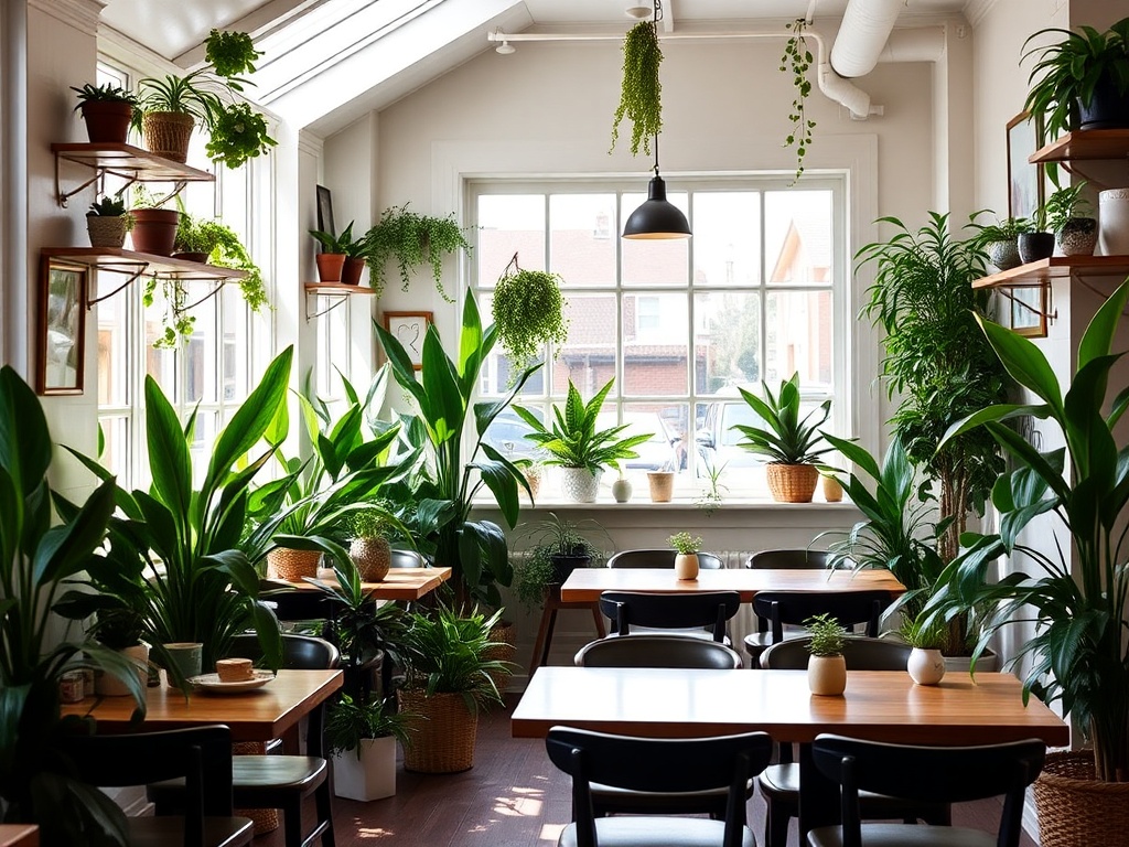 Charming and cozy breakfast cafe in Cumberland, with vibrant green plants, wooden tables, and sunlight flooding the space
