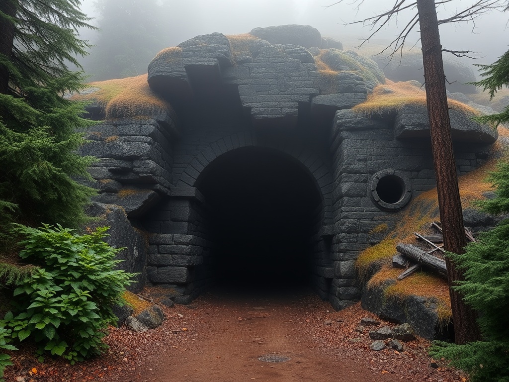 Historic mine entrance at Coal Creek Historic Park, surrounded by dense forest and fog, evoking a mysterious and ancient feel