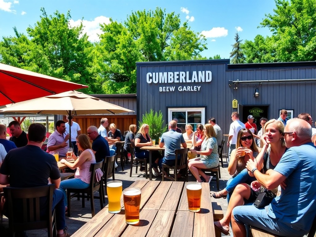 Outdoor beer garden at Cumberland Brewing Company with people enjoying craft beers on a sunny afternoon