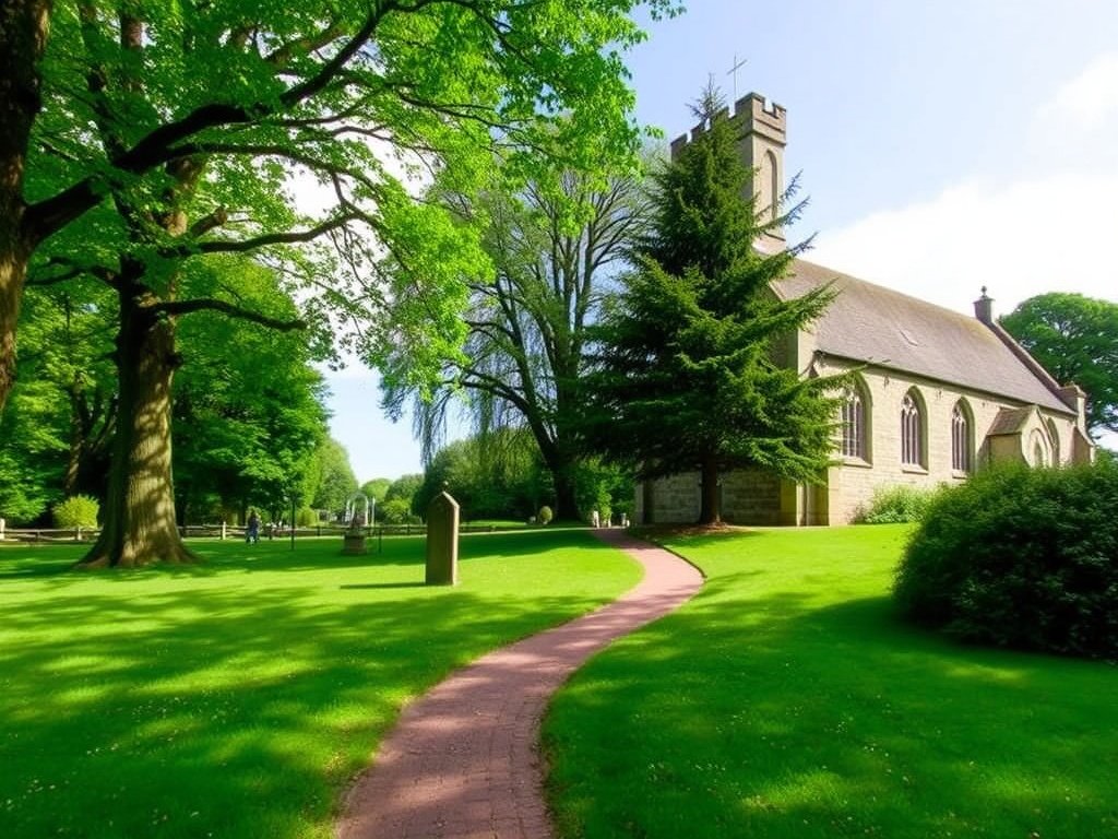 Secluded park with lush greenery and old stone church at St. George's Green, offering a peaceful escape in Cumberland