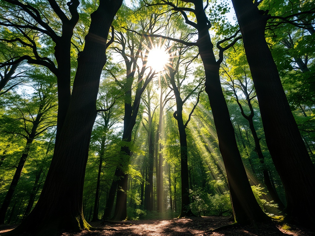 Sunlight streaming through ancient, towering trees in the Cumberland Forest, creating a peaceful and serene atmosphere