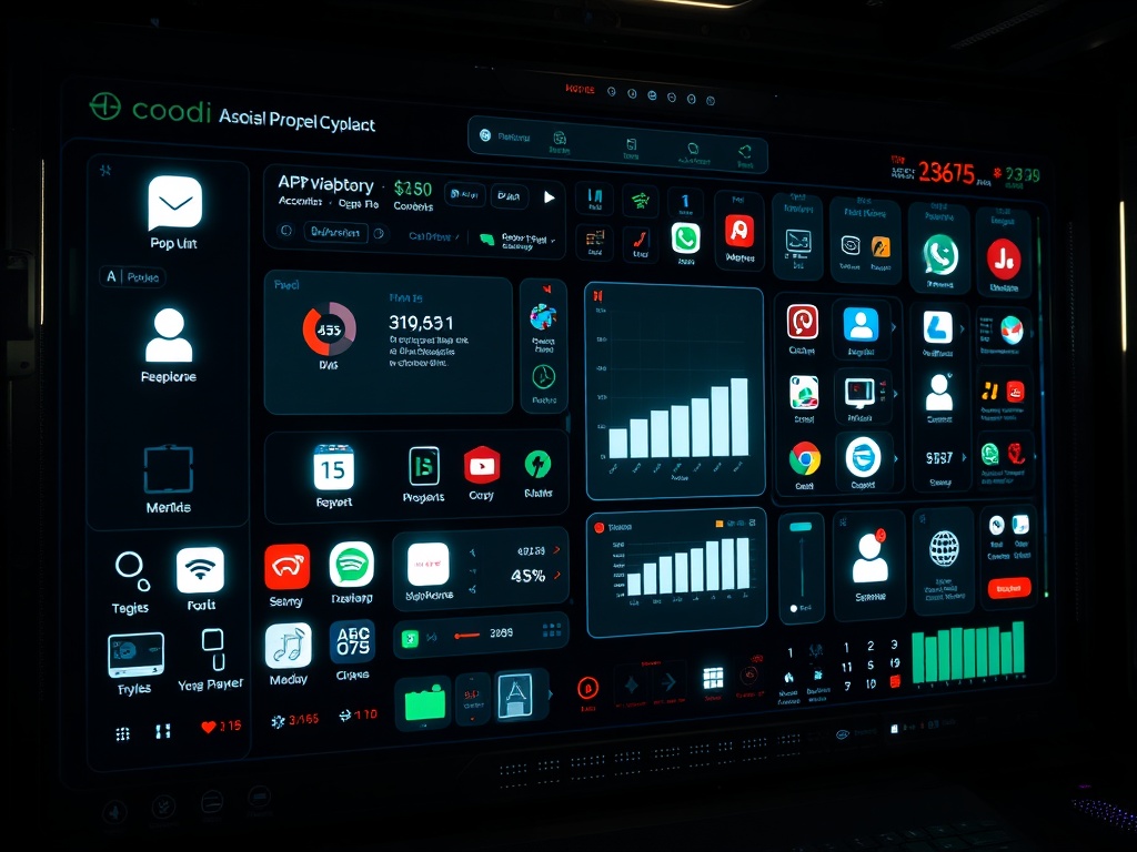 a cluttered digital dashboard with dozens of app icons, accounts, and devices glowing on a dark futuristic screen