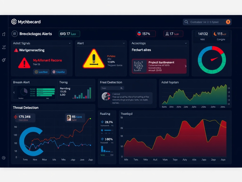 a cybersecurity dashboard showing real-time breach alerts, warning signals, and threat detection graphs