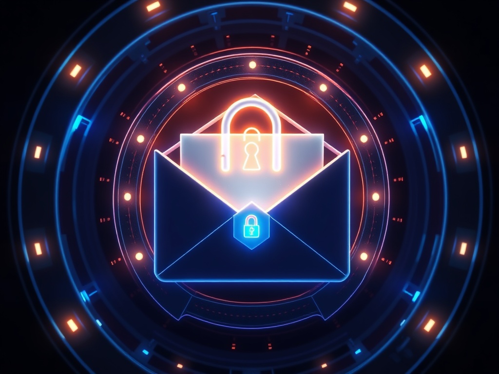 a glowing email inbox transforming into a secure vault with layered encryption shields