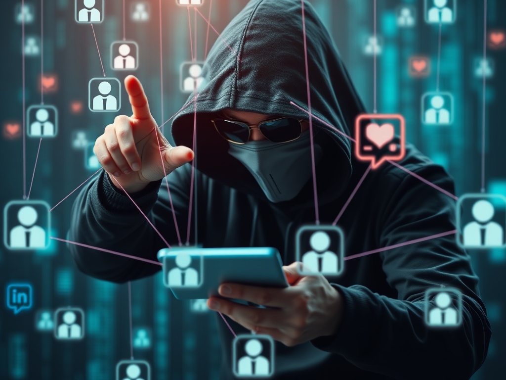 a hacker manipulating digital strings connected to human icons, representing phishing and social engineering