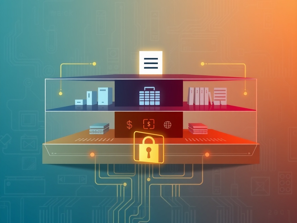 a layered digital architecture with separate zones for work, finance, and personal data secured by firewalls