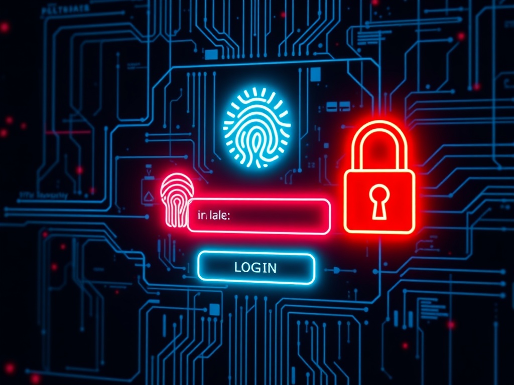 a login screen requiring fingerprint, phone verification, and security key glowing in neon cybersecurity style