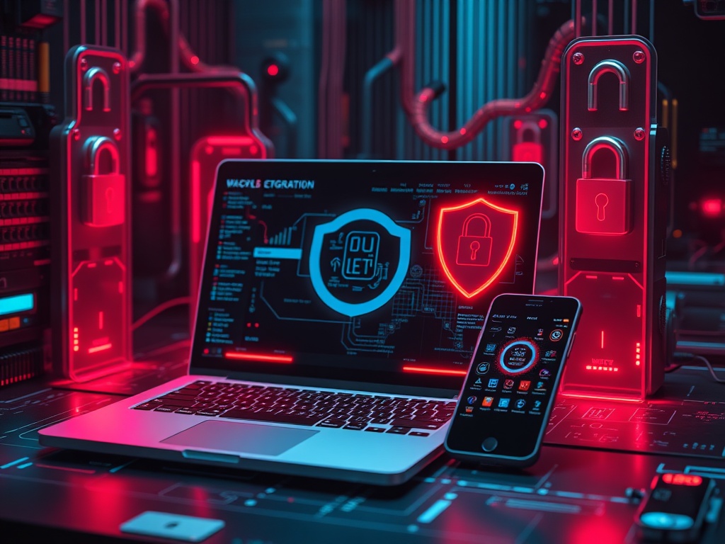 a modern laptop and smartphone surrounded by digital shields and biometric locks in a cyberpunk environment